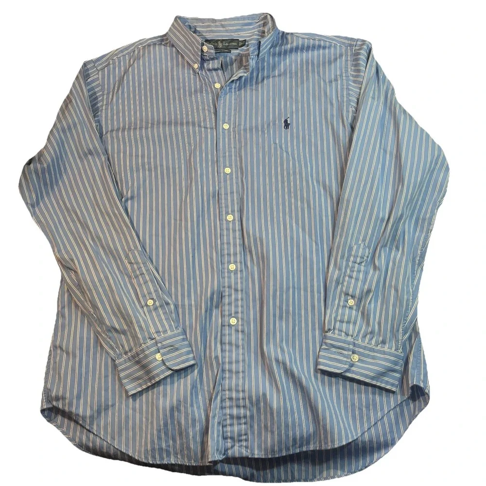 Ralph Lauren Shirt Mens 17 34/35 Blue Striped Classic Fit Button Up Long Sleeves